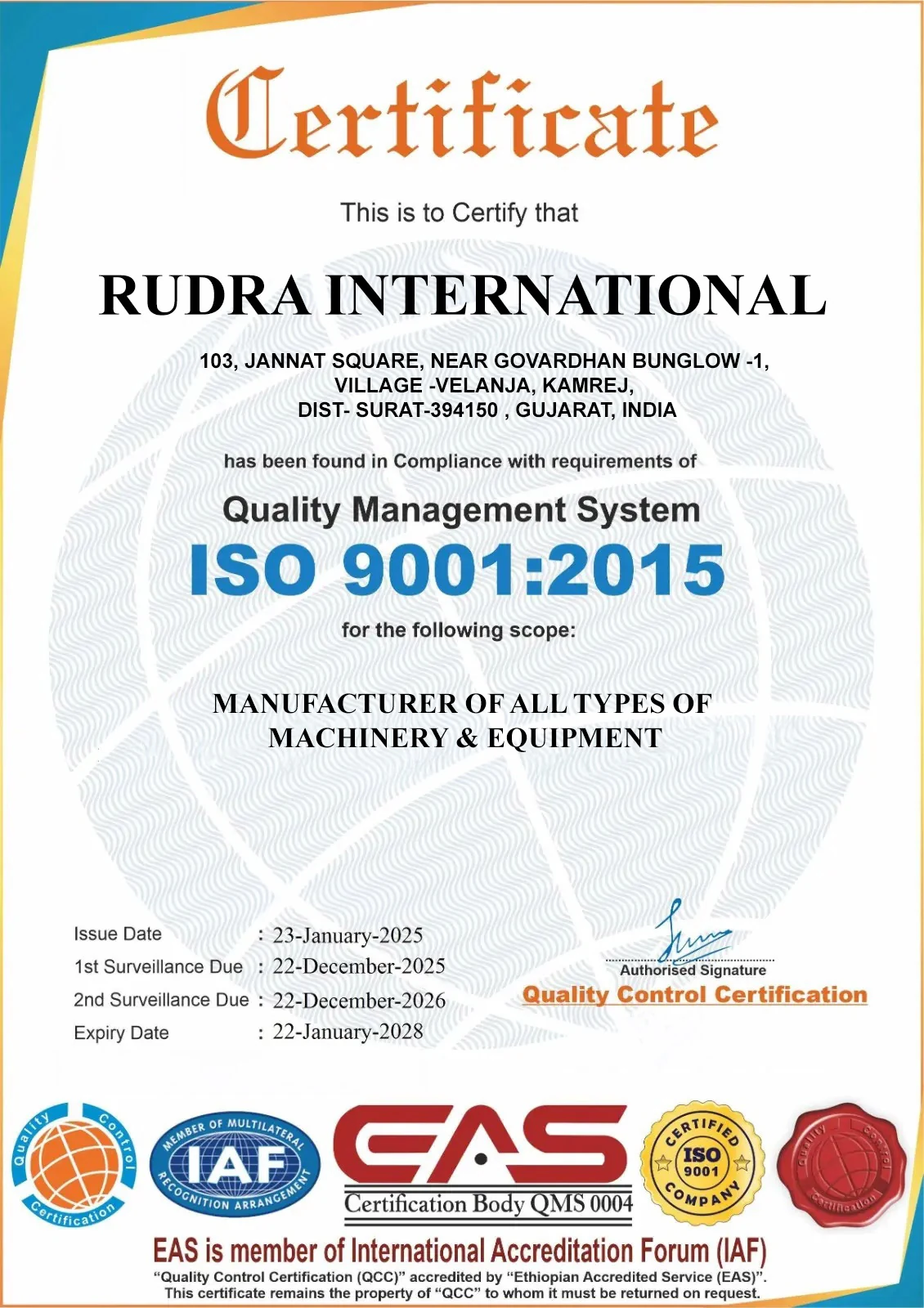 Rudra International ISO 9001:2015 certificate